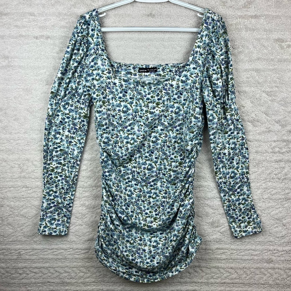 Cottagecore Floral Ruched Top Ditzy Print Puff Sleeve Large Square Neckline